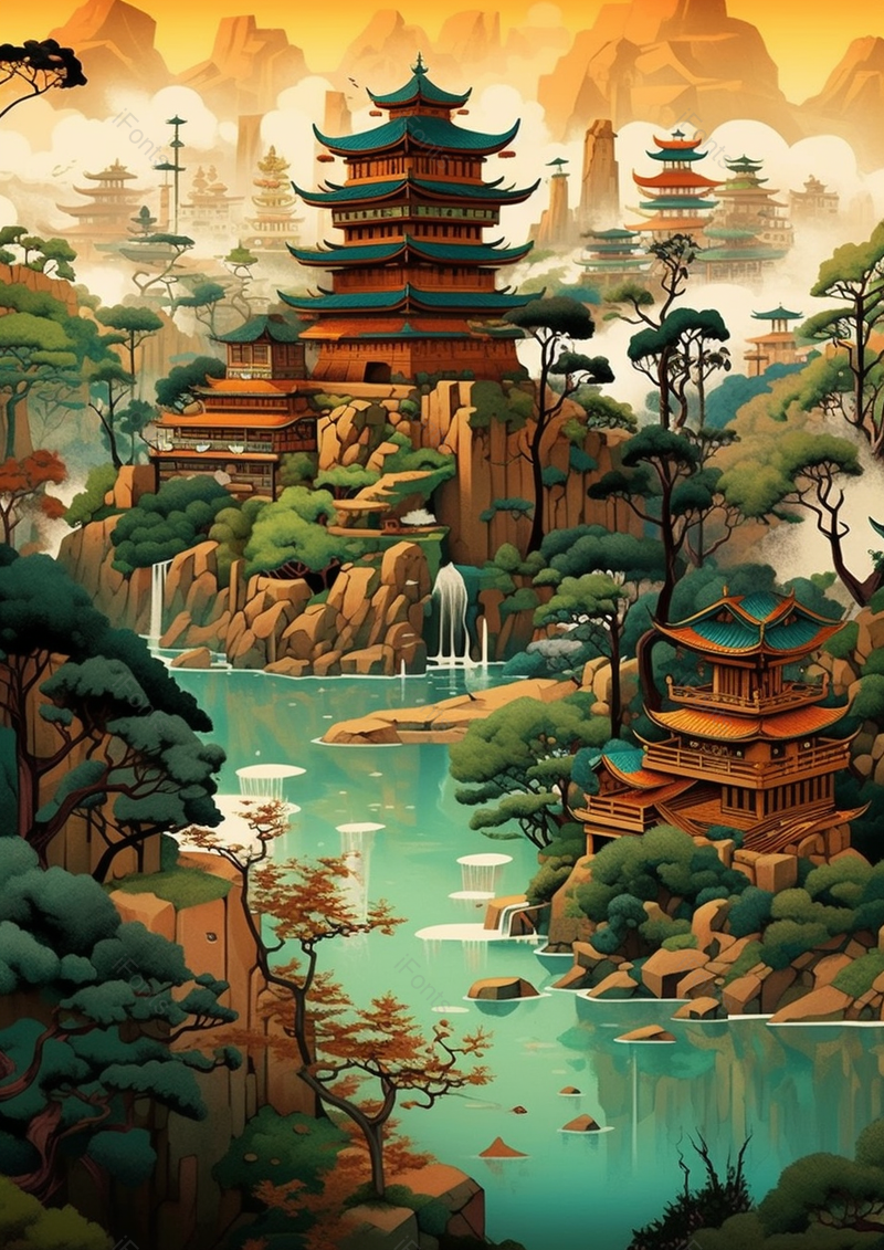 山水画传统滕王阁国潮风插画背景,插画/手绘图,插画/手绘图库,插画/手绘图下载,插画/手绘